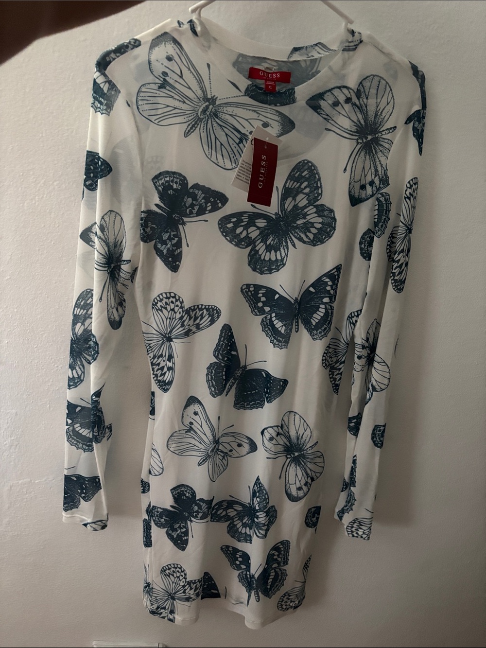 GUESS White Long-Sleeve Mesh Dress with lining